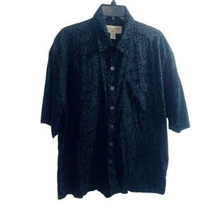 Johari West Mens Button Up Shirt XL Blue Bamboo Pattern 100% Cotton Short Sleeve